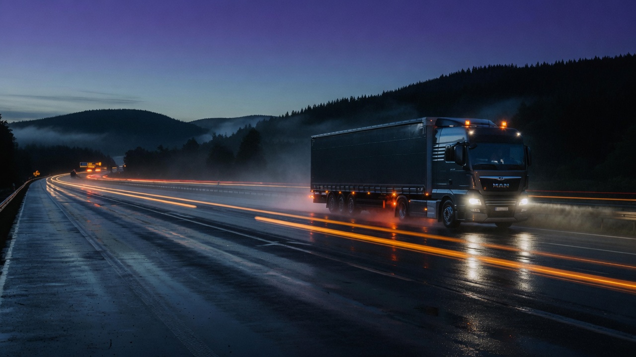 MAN-Sattelzug auf nasser Autobahn im Harz bei Blauhour